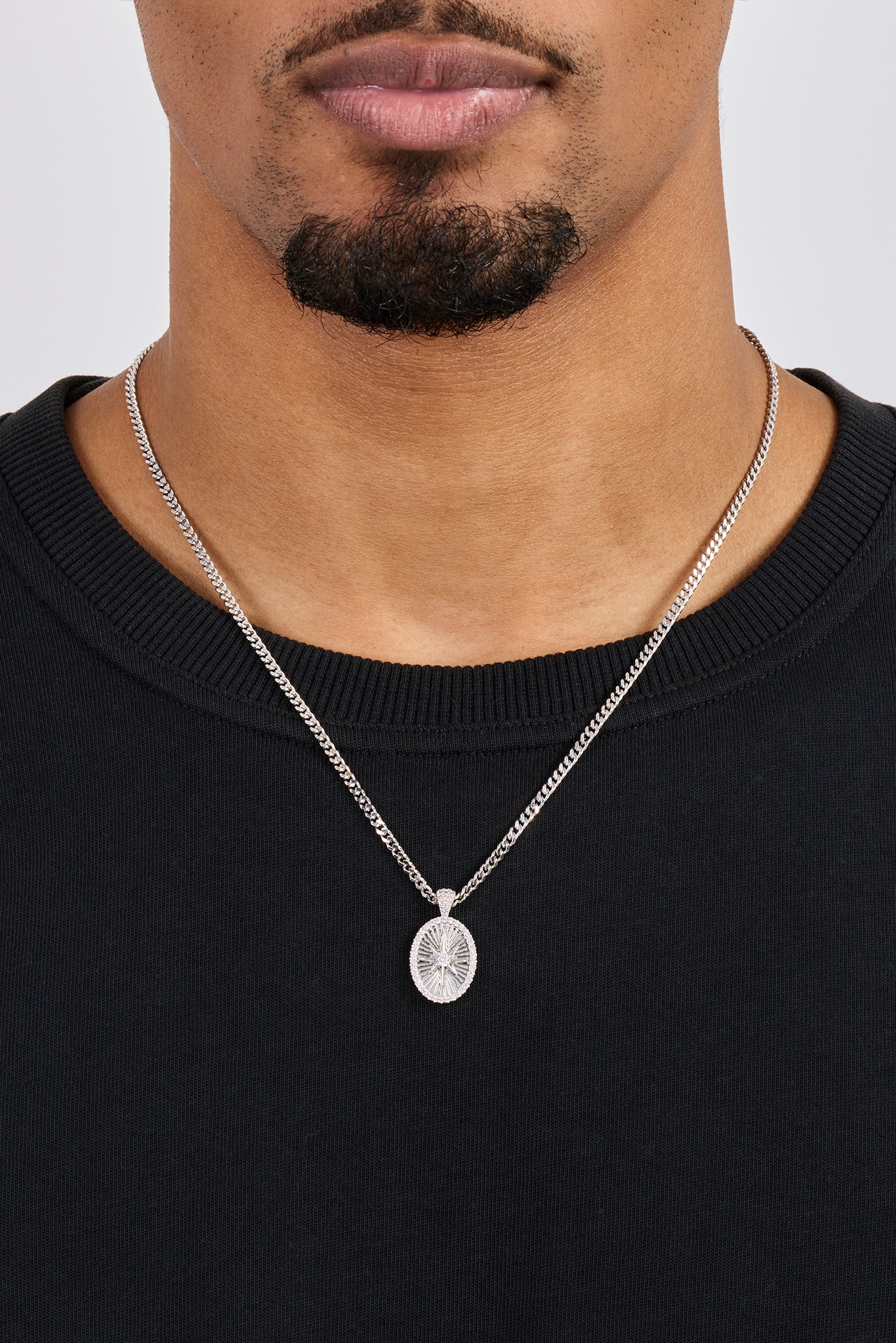 Iced Edge Oval Micro Pendant Necklace - 20mm - White